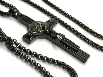 All Black Saint Benedict Crucifix Medal Cross Catholic Light Weight Chain Necklace for Men Black Religious San Benito Jesus