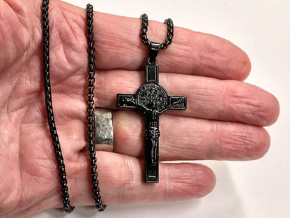 All Black Saint Benedict Crucifix Medal Cross Catholic Light Weight Chain Necklace for Men Black Religious San Benito Jesus