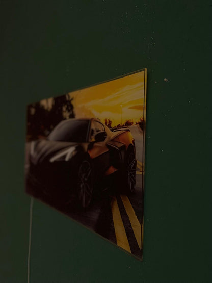 LED Sports Car Wall Art – Acrylic UV‑Printed, Remote Dimmer Included