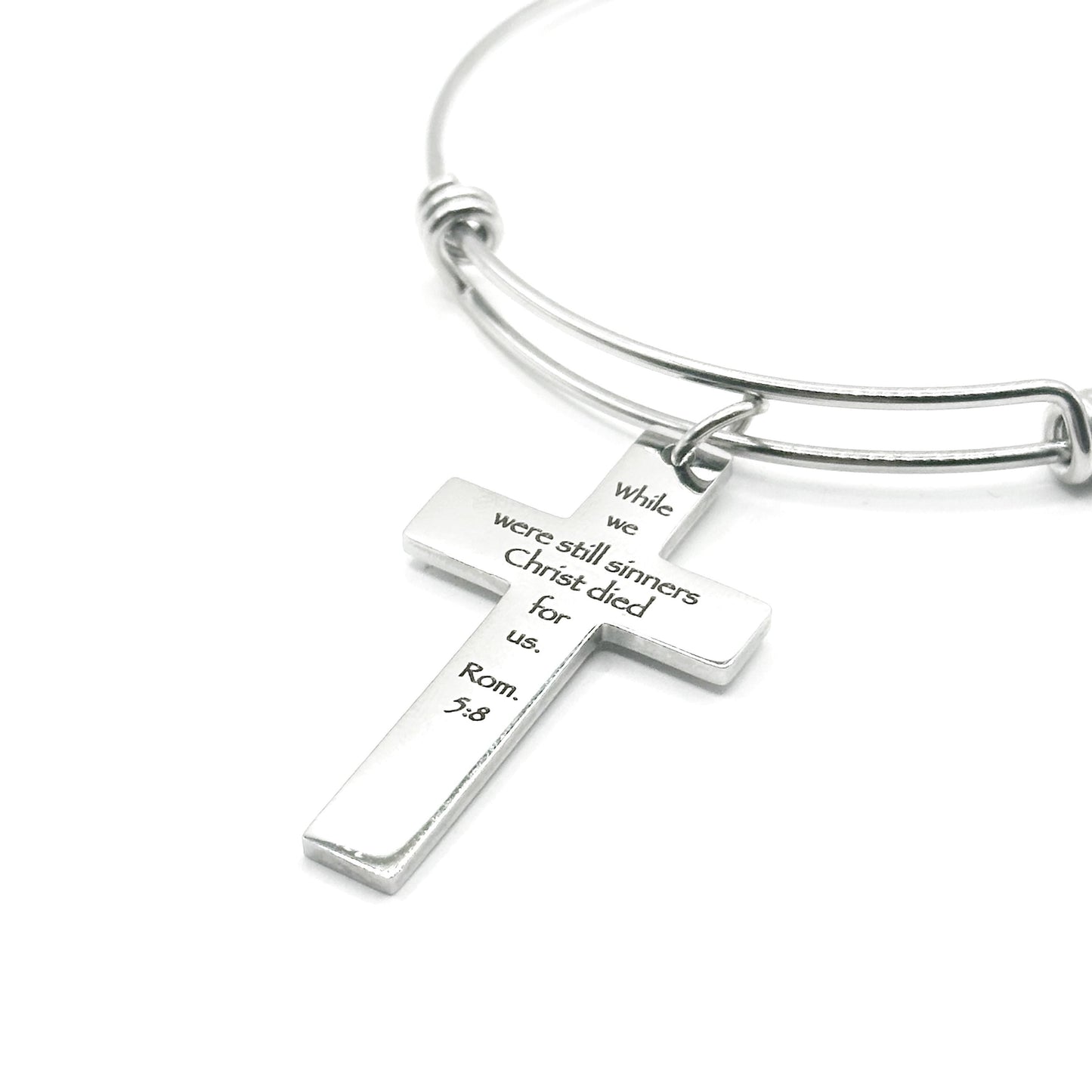 Christ Died For Us Romans 5 8 Charm Bracelet Stainless Steel Expanding Bangle Scripture Bracelet Christian Gift Faith Jewelry