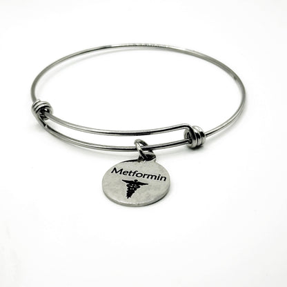 Metformin Medicine Alert Charm Bracelet Stainless Steel Expanding Bangle Medication Awareness Jewelry