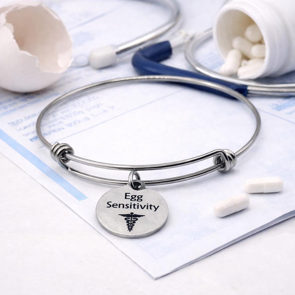Egg Sensitivity Medical Condition Charm Bracelet Stainless Steel Expanding Bangle Food Sensitivity Awareness Jewelry