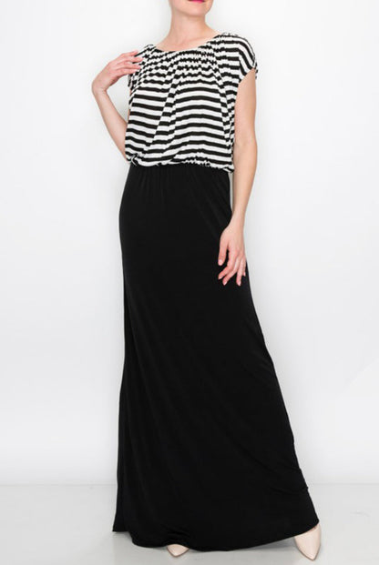 Black & White Striped Top & Full Black Bottomed Maxi Dress