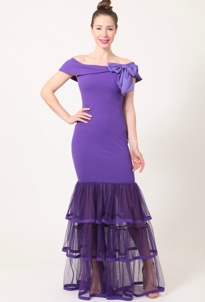Black Bowtied Bottom Tiered Mesh Ruffled Dress
