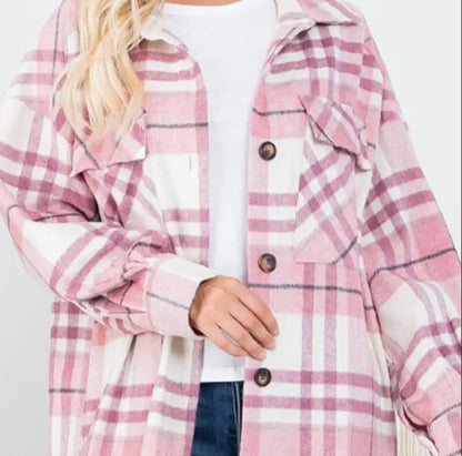Mauve Plaid Long Shirt Jacket