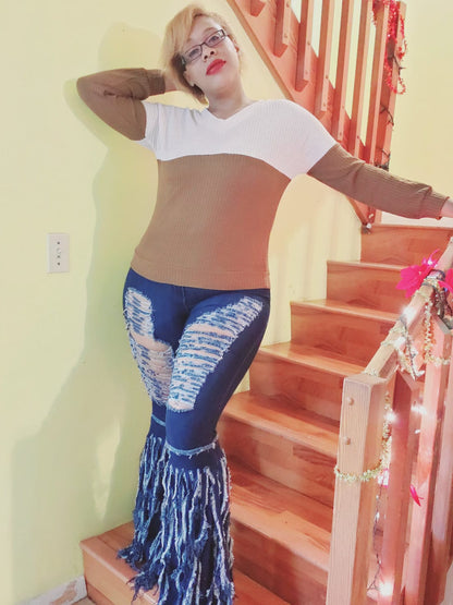 Dark Blue High Rise Frayed Bottom Stretch Jeans
