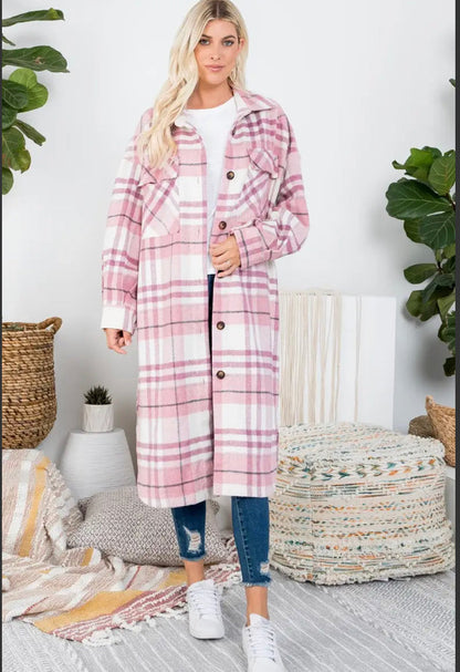 Mauve Plaid Long Shirt Jacket