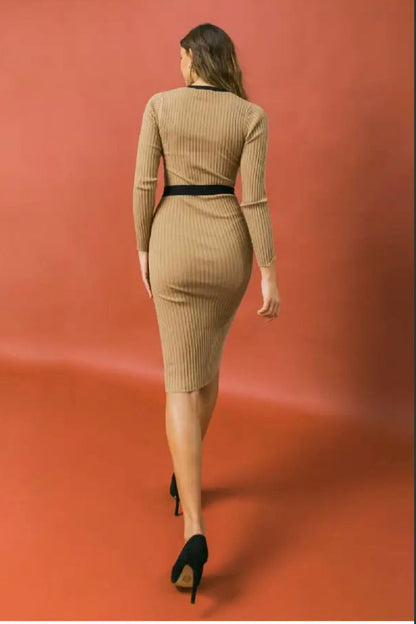 Classy Ribbed Sweater Midi Dress With Tie