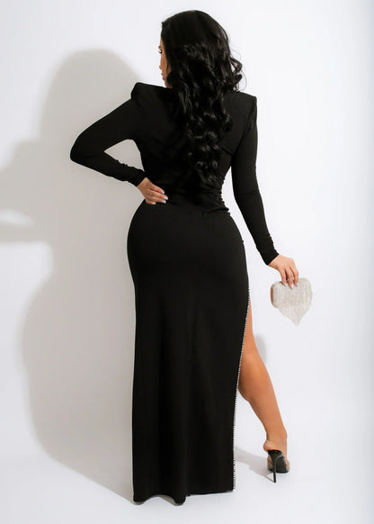 Sexy Gala Mesh Bodysuit Lace Top Zippered Slit Maxi Dress