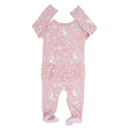 Pink Bunny Floral Baby Ruffle Footie