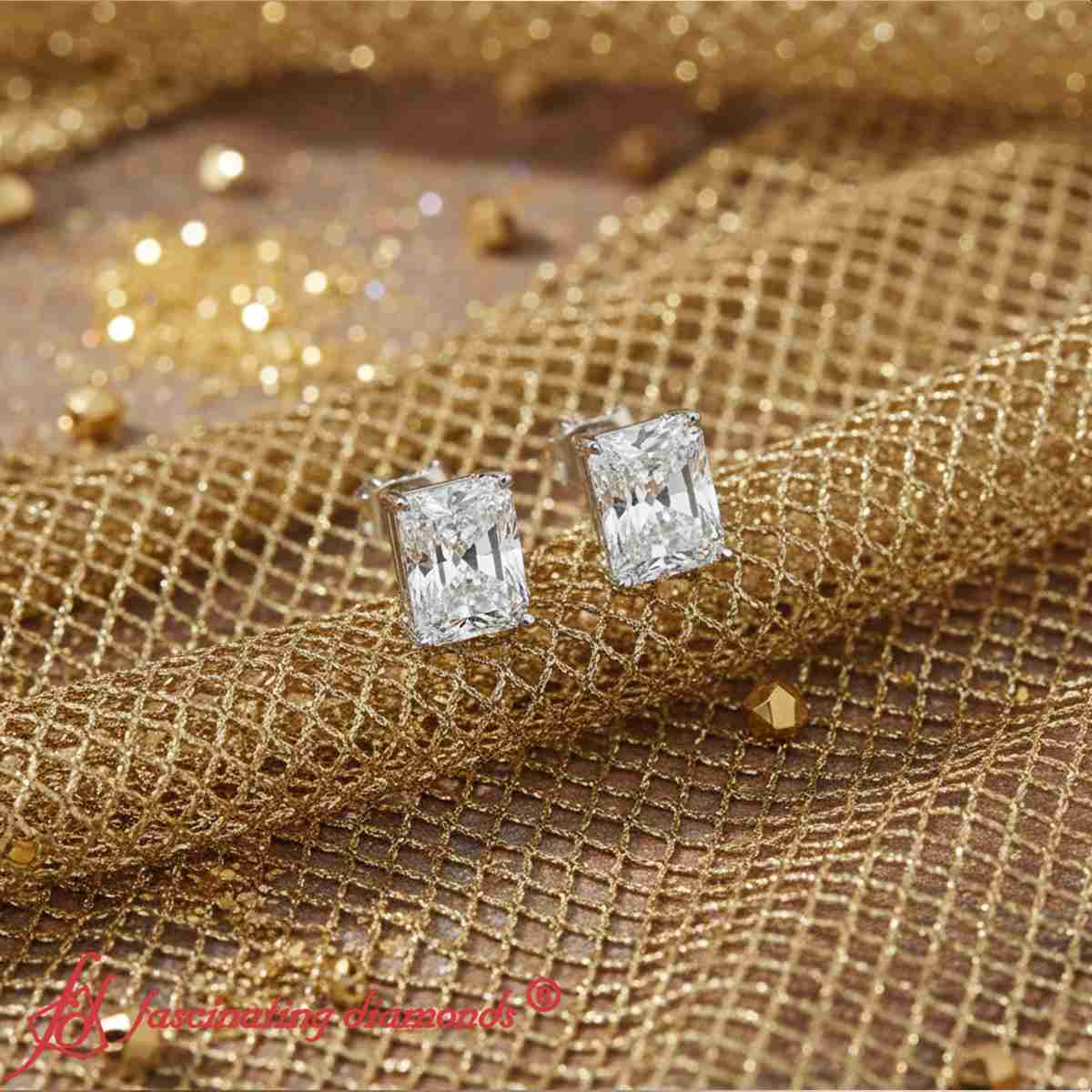IGI Certified Basket Stud Earrings Set With Radiant Cut Diamonds