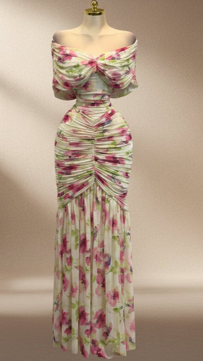 Bouquet of Flowers Off Shoulder Maxi Dress- Pink