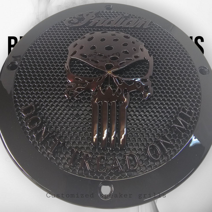 A set of Indian Punisher Dont Tread on me theme speakers grill covers