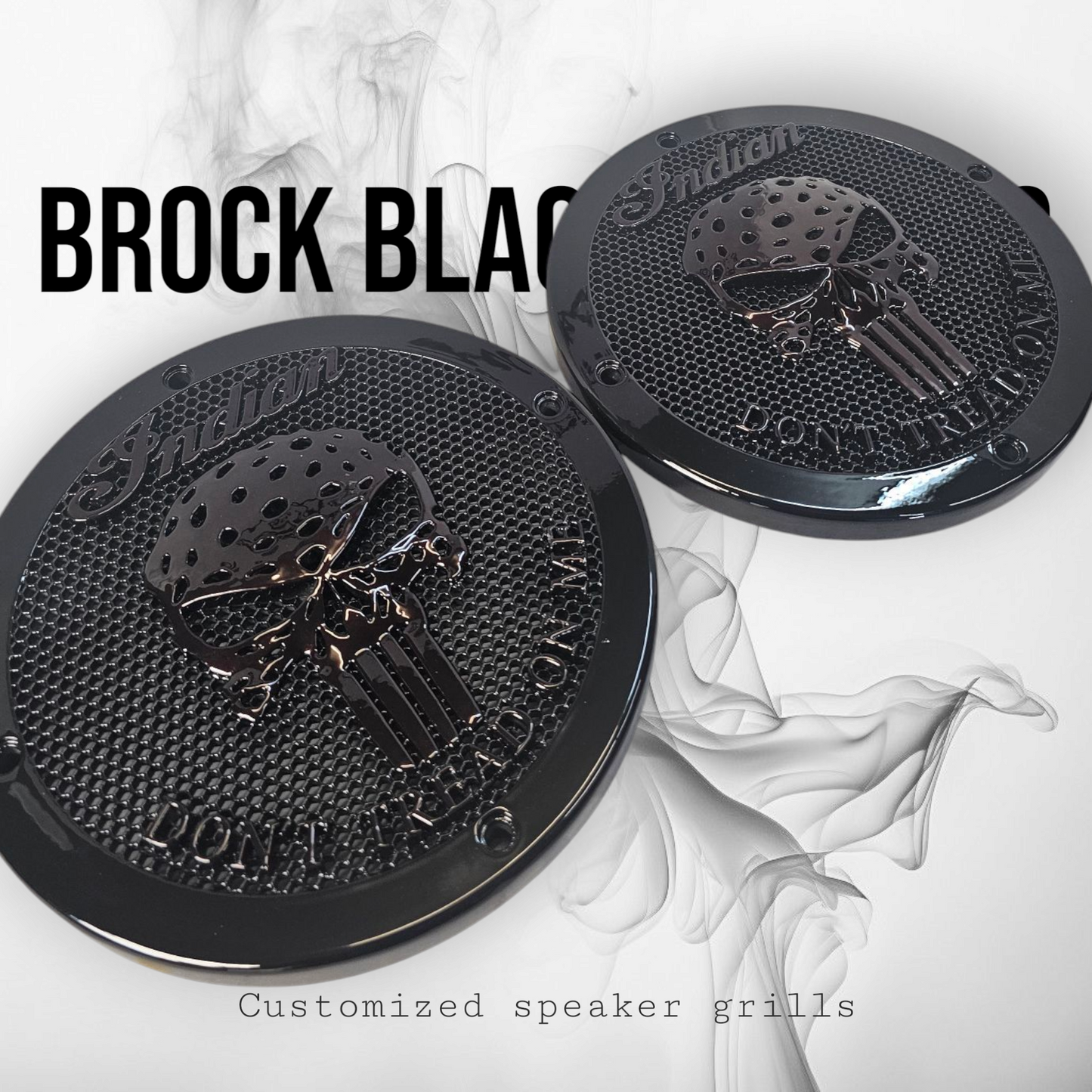 A set of Indian Punisher Dont Tread on me theme speakers grill covers